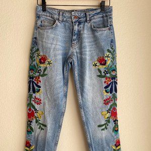 Zara Mid-Rise Jeans with Floral Embroidery